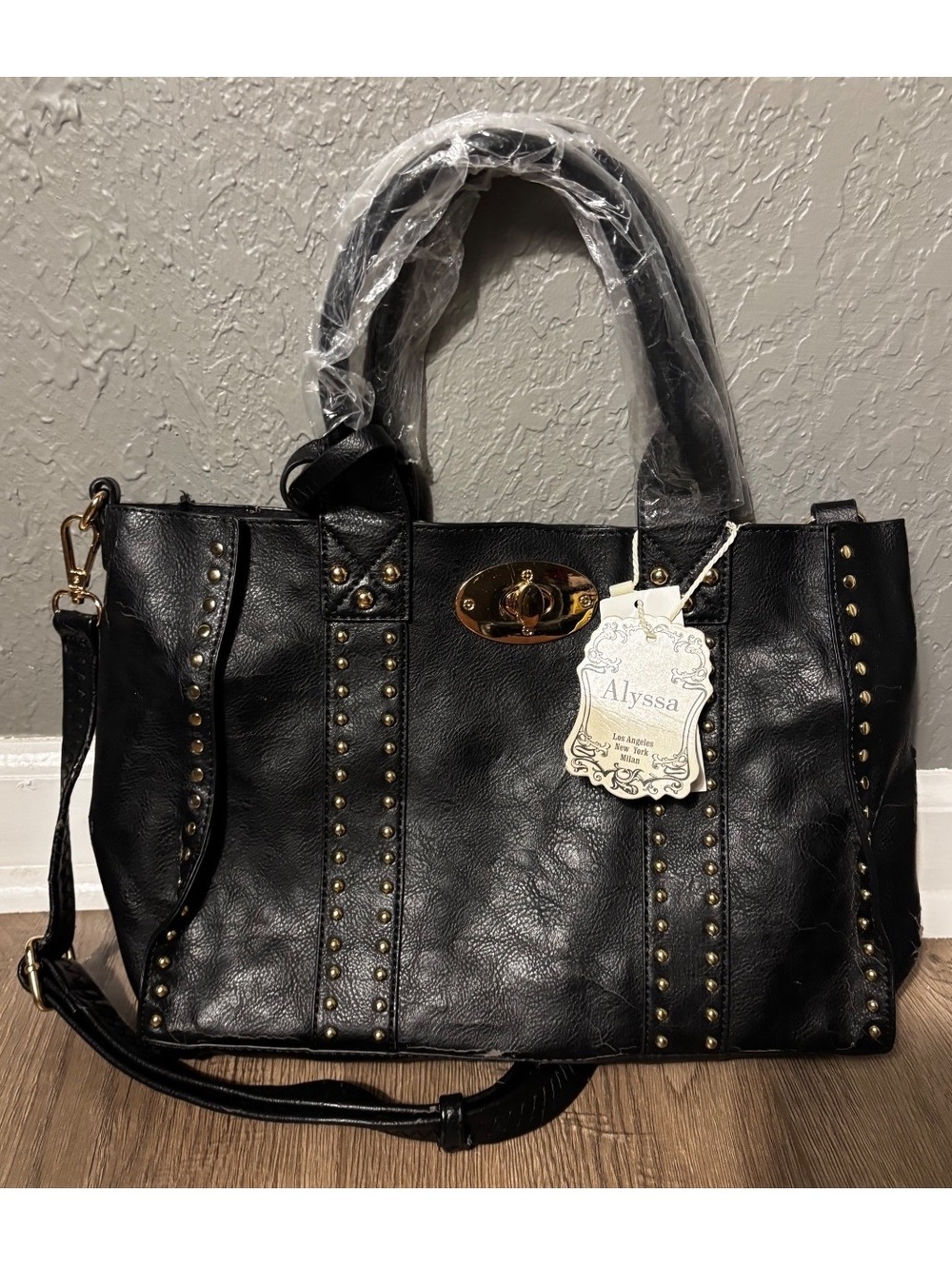 Alyssa Black Leather Studded Satchel Handbag with Gold Hardware